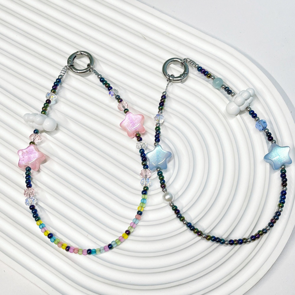Phone Accessories For Teen Girls - HERLOOK Ästhetische Wolken-Stern-Perlen-Handykette, schwarze Saatperlen-Taschenanhänger, Y2K,